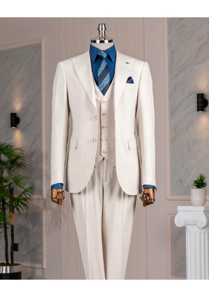 Italyan Stil Slim Fit Ceket Yelek Pantolon Takım Elbise Bej T14356 fırsatları
