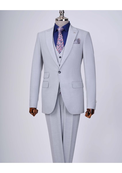 Italyan Stil Slim Fit 8 Drop Ceket Yelek Pantolon Takım Elbise Gri T12634