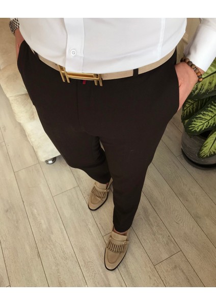 Italyan Stil Slim Fit Erkek Kumaş Pantolon Kahverengi T4488 modelleri