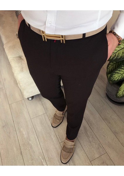 Italyan Stil Slim Fit Erkek Kumaş Pantolon Kahverengi T4488 fırsatları