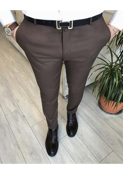 Italyan Stil Slim Fit Erkek Kumaş Pantolon Kahverengi T4911