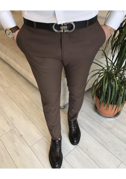 Italyan Stil Slim Fit Erkek Kumaş Pantolon Kahverengi T4911 fiyatları