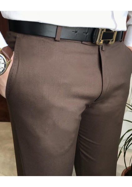 Italyan Stil Slim Fit Erkek Kumaş Pantolon Kahverengi T4911 modelleri