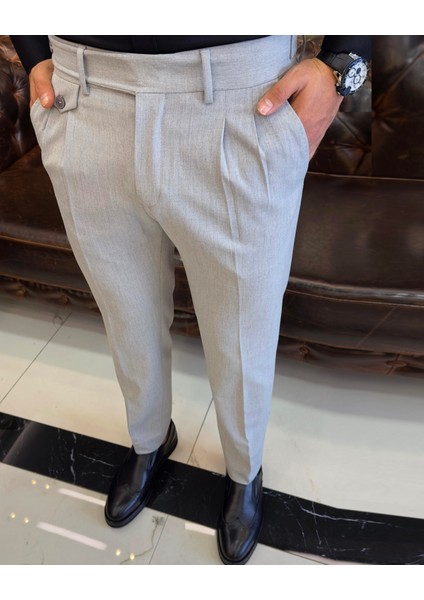 Italyan Stil Slim Fit Erkek Pileli Kumaş Pantolon Gri T5286