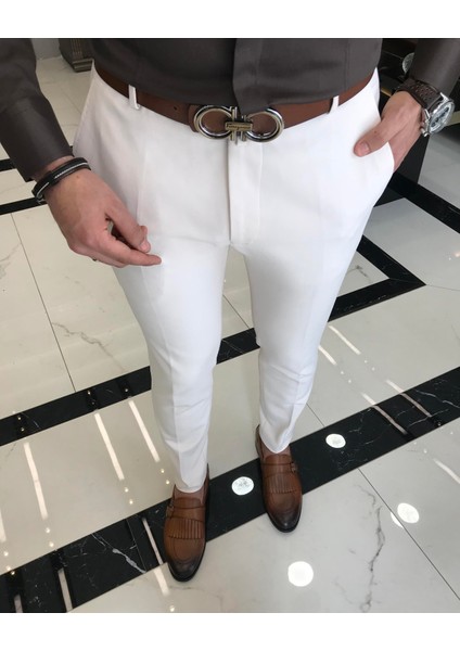 İtalyan Stil Slim Fit Erkek Kumaş Pantolon Ekru T4813 fırsatları