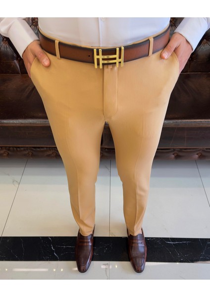 İtalyan Stil Slim Fit Erkek Kumaş Pantolon Açık Camel T4678