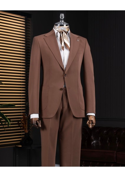 Italyan Stil Slim Fit Mono Yaka Ceket Pantolon Takım Elbise Kahverengi T14012