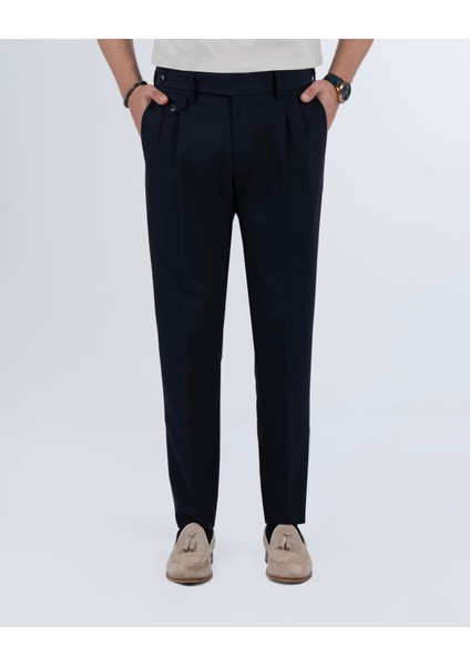 Italyan Stil Slim Fit Erkek Pileli Kumaş Pantolon Lacivert T5288
