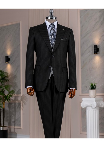 Italyan Stil Kombin Takım Elbise Ceket Yelek Pantalon Siyah T14043
