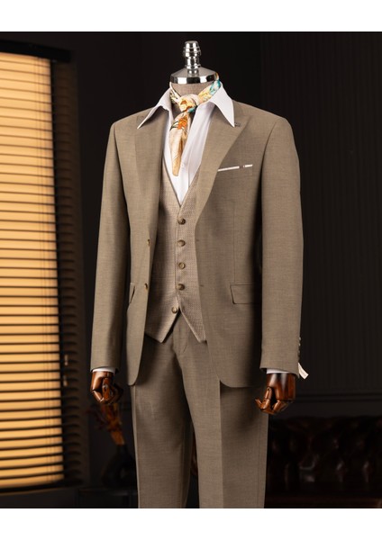 Italyan Stil Kombin Takım Elbise Ceket Yelek Pantalon Haki T14036