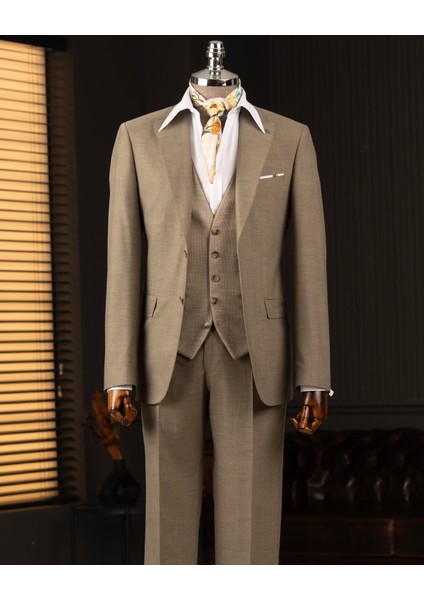 Italyan Stil Kombin Takım Elbise Ceket Yelek Pantalon Haki T14036 fırsatları