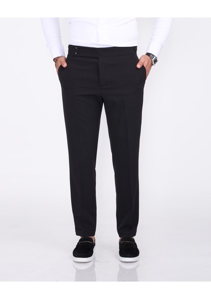 Italyan Stil Slim Fit Gofre Kumaş Bel Detaylı Erkek Pantolon Siyah T11438