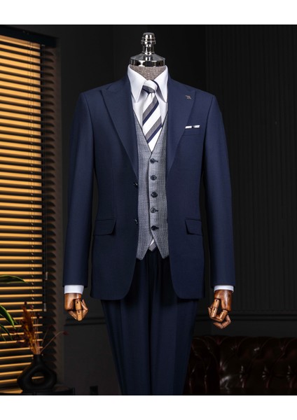 Italyan Stil Kombin Takım Elbise Ceket Yelek Pantalon Lacivert T14041