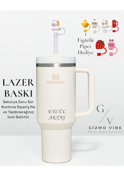 Kişiselleştirilmiş Quencher Pipetli Termos 1,18 Lt Krem Özel Isimli
