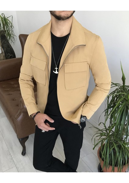 Italyan Stil Slim Fit Erkek Mevsimlik Bomber Ceket Camel T7870