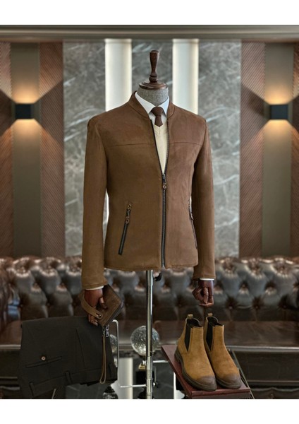 Italyan Stil Slim Fit Mevsimlik Erkek Süet Mont Kahverengi T9173