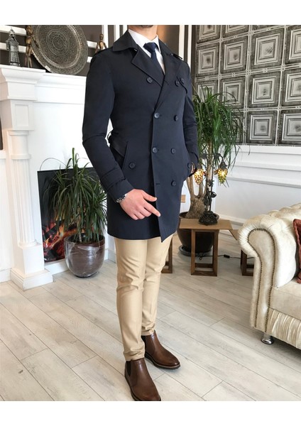 Italyan Stil Slim Fit Mevsimlik Erkek Trençkot Mont Lacivert T4979