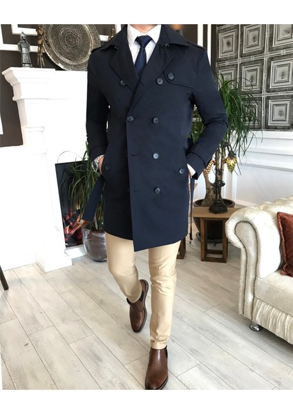 Italyan Stil Slim Fit Mevsimlik Erkek Trençkot Mont Lacivert T4979 fiyatları