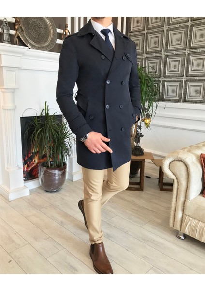 Italyan Stil Slim Fit Mevsimlik Erkek Trençkot Mont Lacivert T4979 modelleri