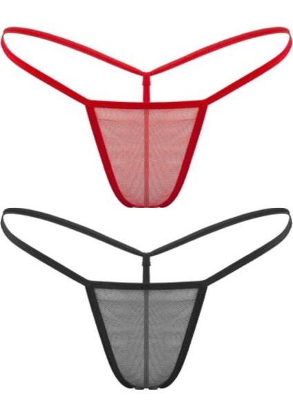 Kırmızı Siyah 2'li Tül Transparan String Tanga Iç Giyim