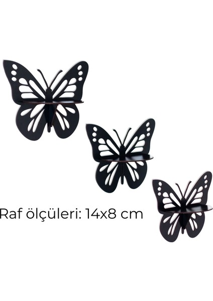 Dekoratif Kelebek Duvar Rafı Seti | 3 Parça Ahşap Mdf Raf | Siyah Renk | 14X8 cm Mini Raf fiyatları