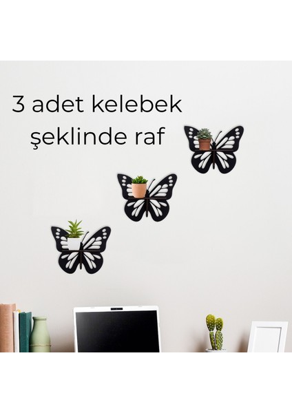 Dekoratif Kelebek Duvar Rafı Seti | 3 Parça Ahşap Mdf Raf | Siyah Renk | 14X8 cm Mini Raf modelleri