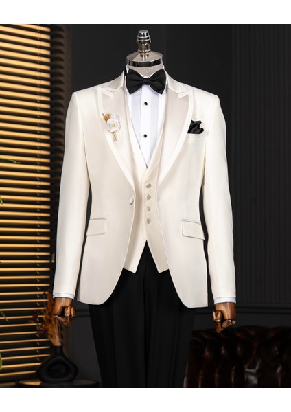 İtalyan stil slim fit sivri yaka ceket yelek pantolon damatlık set ekru T14333