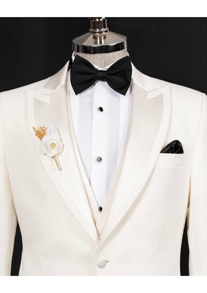 İtalyan stil slim fit sivri yaka ceket yelek pantolon damatlık set ekru T14333 fiyatları