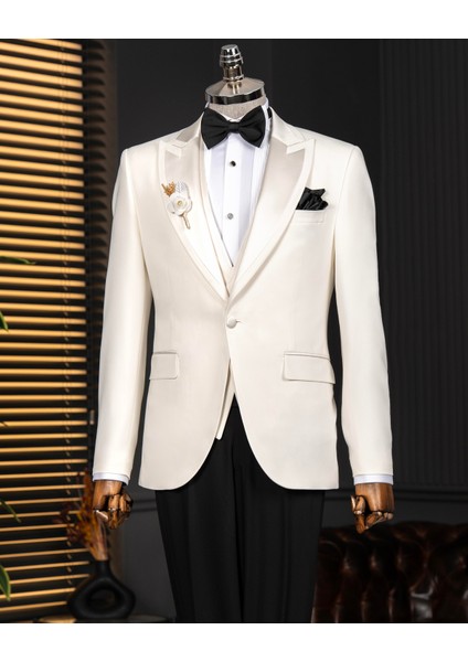 İtalyan stil slim fit sivri yaka ceket yelek pantolon damatlık set ekru T14333 modelleri