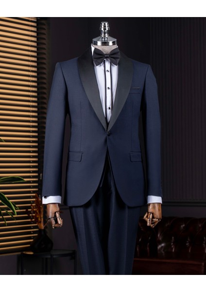 Italyan Stil Slim Fit Şal Yaka Ceket Yelek Pantolon Damatlık Set Lacivert T14260