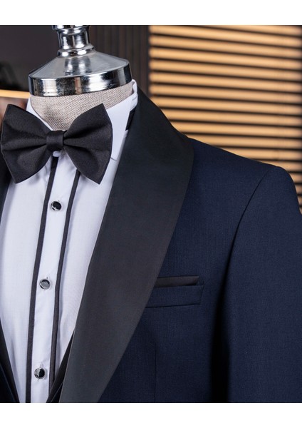 Italyan Stil Slim Fit Şal Yaka Ceket Yelek Pantolon Damatlık Set Lacivert T14260 fırsatları