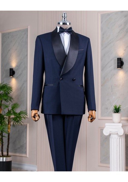 Italyan Stil Slim Fit Şal Yaka Ceket Pantolon Damatlık Set Lacivert T14286