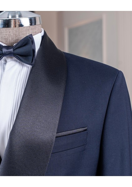 Italyan Stil Slim Fit Şal Yaka Ceket Pantolon Damatlık Set Lacivert T14286 indirimleri