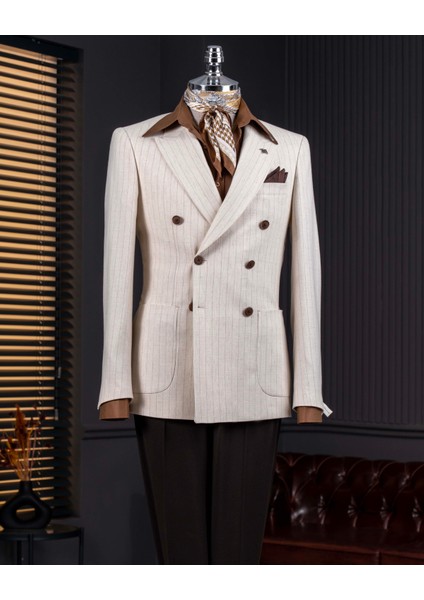Italyan Stil Slim Fit Kruvaze Erkek Tek Ceket Bej T14282