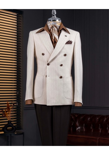 Italyan Stil Slim Fit Kruvaze Erkek Tek Ceket Bej T14282 indirimleri