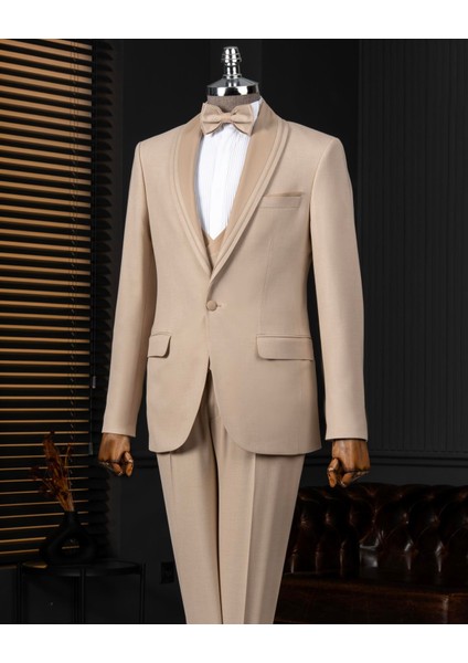 Italyan Stil Şal Yaka Ceket Yelek Pantolon Damatlık Set Bej T14269