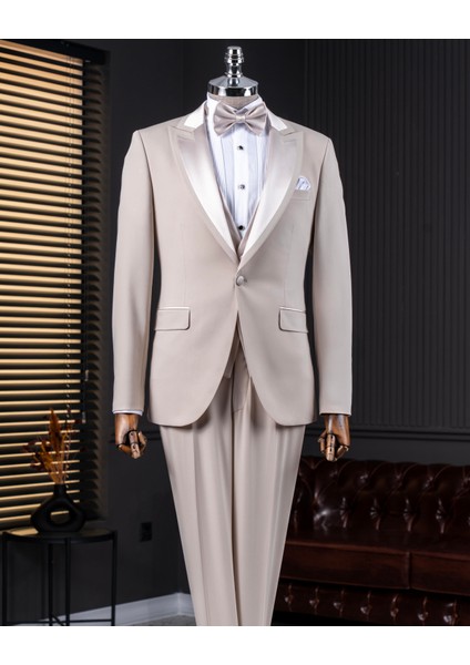 İtalyan stil slim fit sivri yaka ceket yelek pantolon damatlık set bej T14332