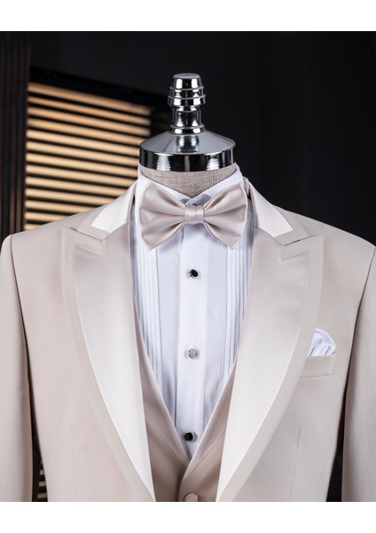 İtalyan stil slim fit sivri yaka ceket yelek pantolon damatlık set bej T14332 fiyatları