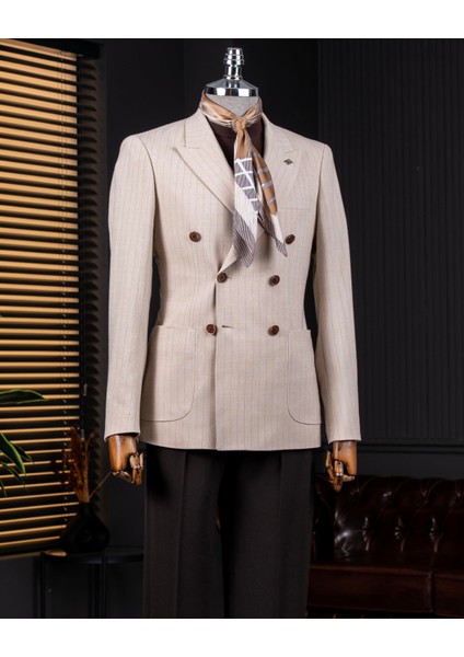 Italyan Stil Slim Fit Kruvaze Erkek Tek Ceket Vizon T14283