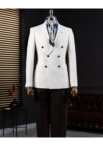 Italyan Stil Slim Fit Kruvaze Erkek Tek Ceket Ekru T14279