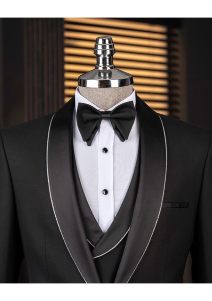 Italyan Stil Şal Yaka Ceket Yelek Pantolon Damatlık Set Siyah T14266 fiyatları