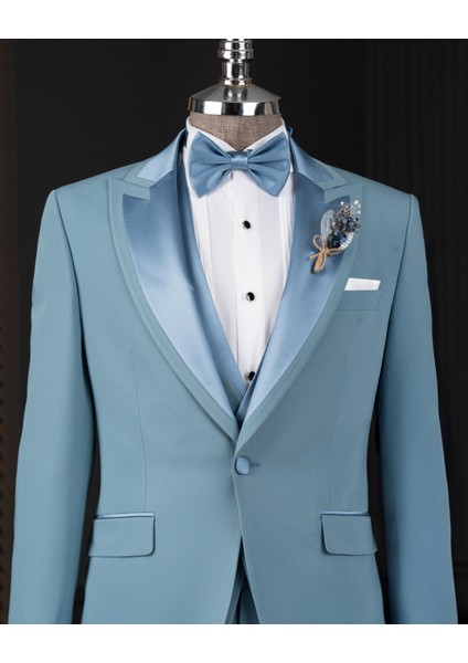 İtalyan stil slim fit sivri yaka ceket yelek pantolon damatlık set mavi T14335 indirimleri