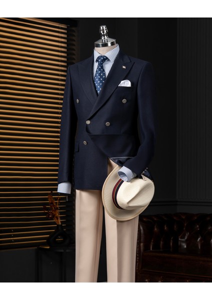 Italyan Stil Slim Fit Kruvaze Erkek Tek Ceket Lacivert T14396