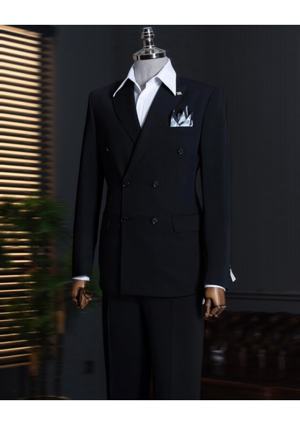 Italyan Stil Slim Fit Kruvaze Erkek Ceket Siyah T13741