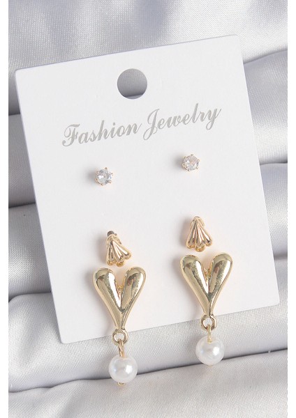 Pirinç Gold Renk Zirkon Taşlı Incili Sallantılı Kalp Model 3 Çift Kadın Küpe Seti - Lisinya