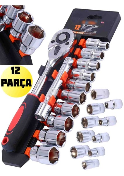 12 Parça Cırcır Seti Lokmalı, 24 Dişli Çabuk Açılan Cırcır ve 5" Uzatma Çubuğu Krom Vanadyum Çelik