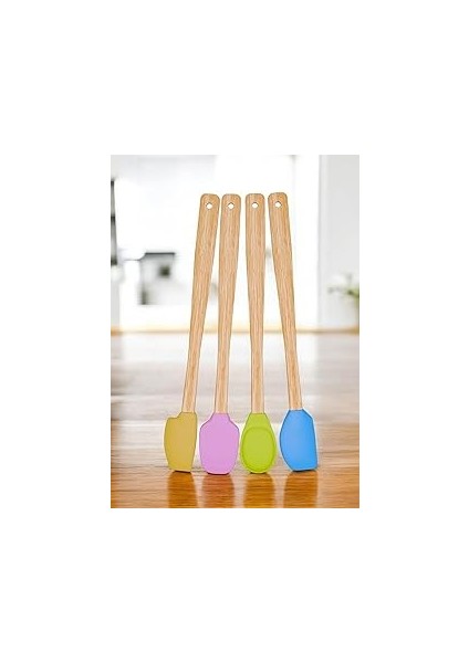 4 Adet 4 Renk Ahşap Saplı Pastel Renkli Isıya Dayanıklı Silikon Spatula Seti Mutfak Seti Re