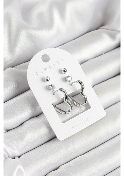 Pirinç Zirkon Taş ve Kalp Figürlü Gümüş Renk 3'lü Çift Kadın Küpe Set - Lisinya