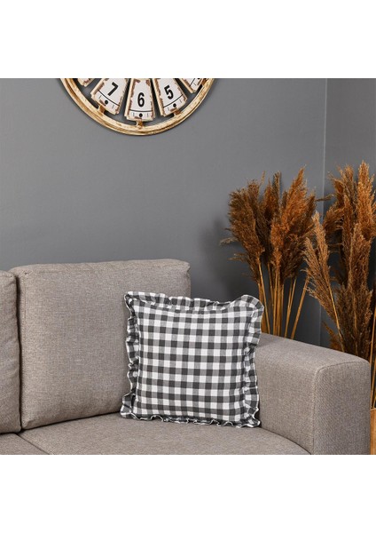 Ekoseli Fırfırlı Kırlent Kılıfı - Siyah - 43X43 cm