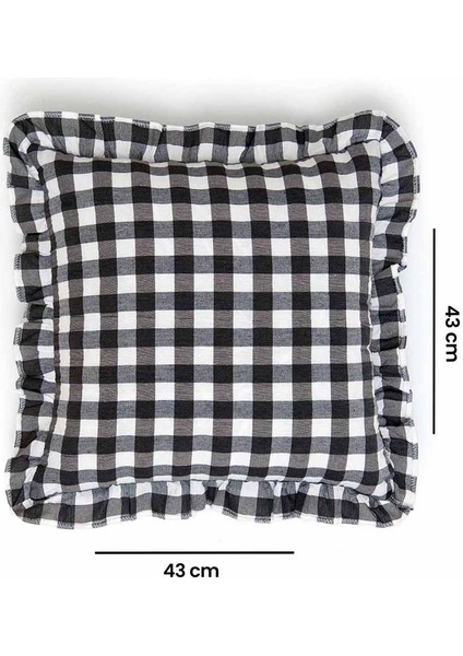 Ekoseli Fırfırlı Kırlent Kılıfı - Siyah - 43X43 cm